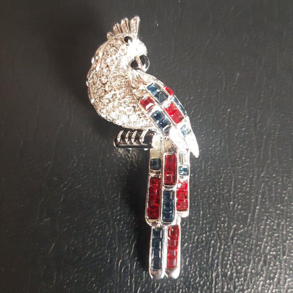 Vintage Parrot Brooch & Pendant - Red, White & Blue Rhinestones